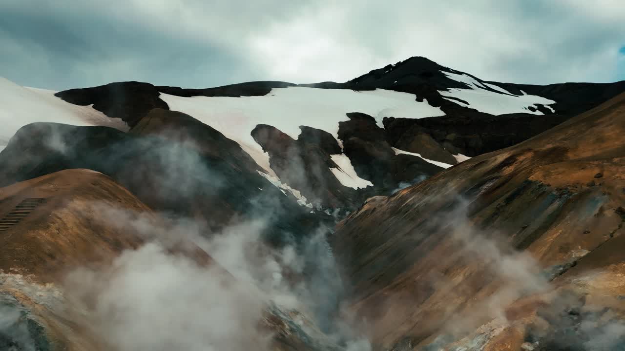 Aerial drone flying toward a series of steaming geysers and hot springs amid snow capped mountains and hills