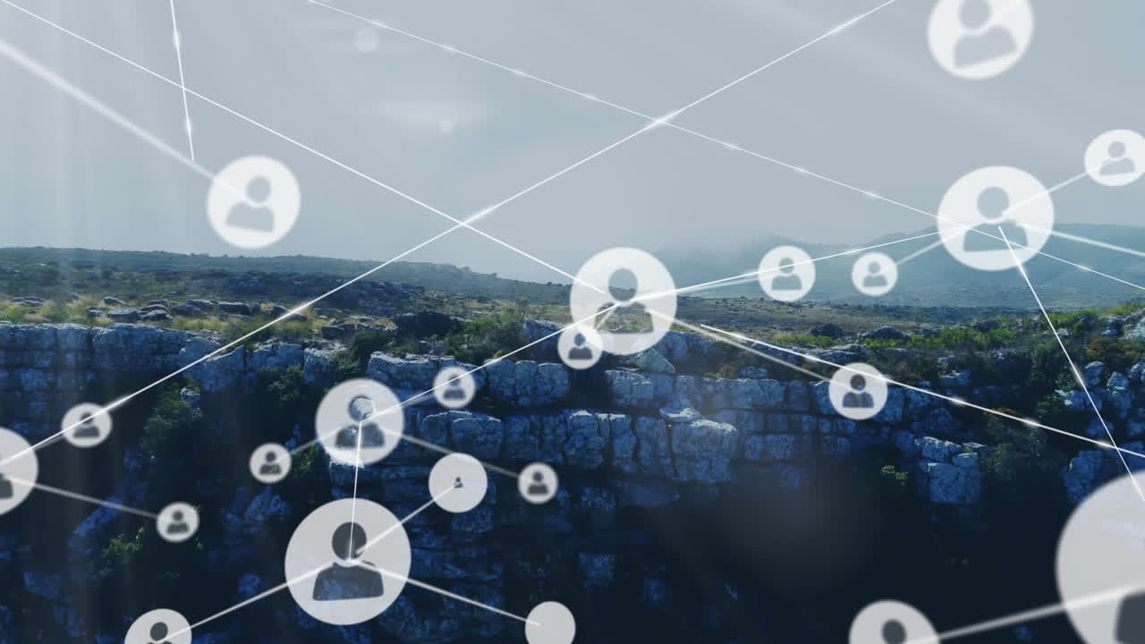 풍경 위의 아이콘으로 연결된 네트워크의 애니메이션