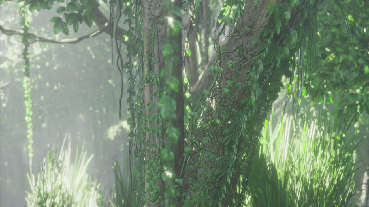 Majestic tree in a tranquil forest shrouded in mist and greenery