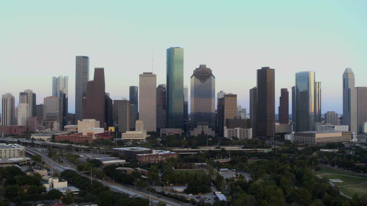 Establishing shot of downtown Houston, Texas and surrounding landscape