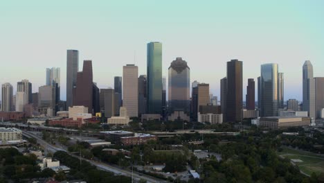 establishing shot of downtown houston, texas and surrounding landscape