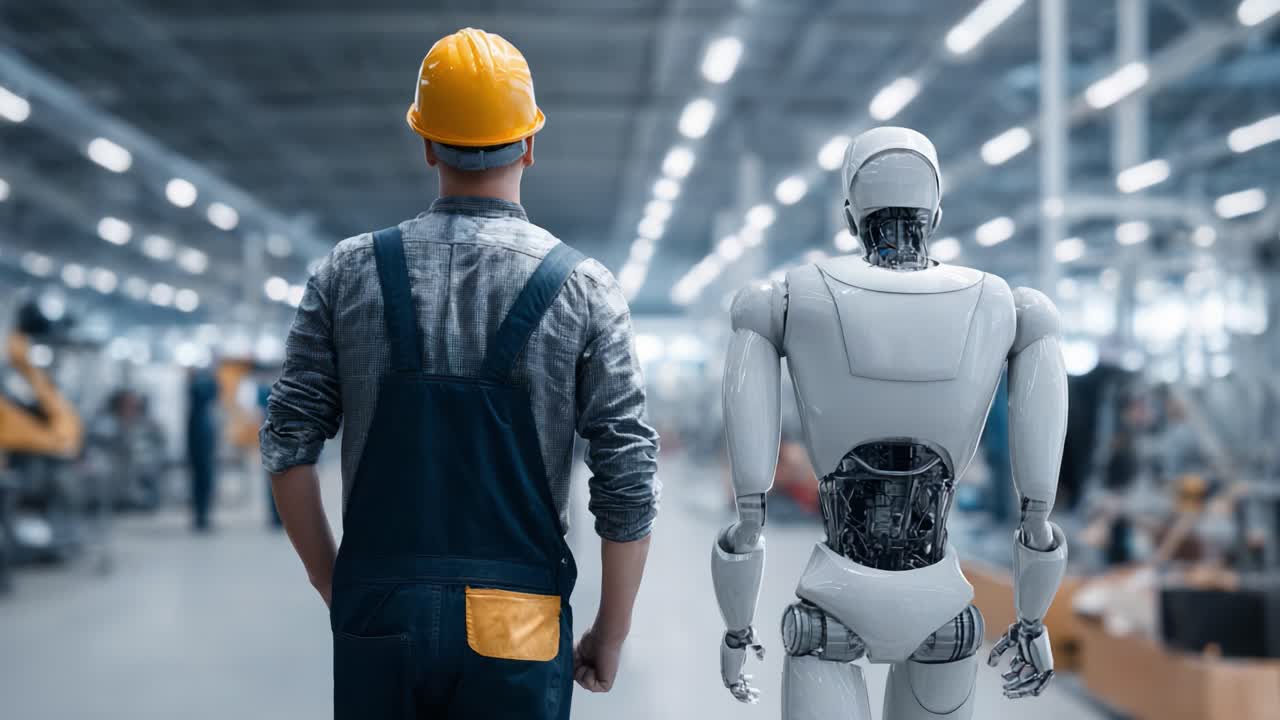 The Intersection of Human Labor and AI: A Worker and a Robot Collaborating in a Modern Industrial Environment