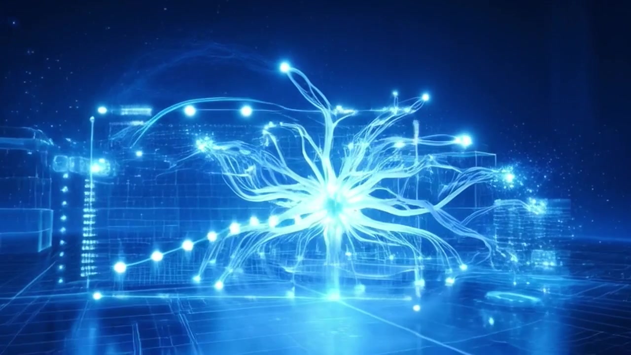 Abstrakt digital nettverksvisualisering med glødende datanoder og diagrammer