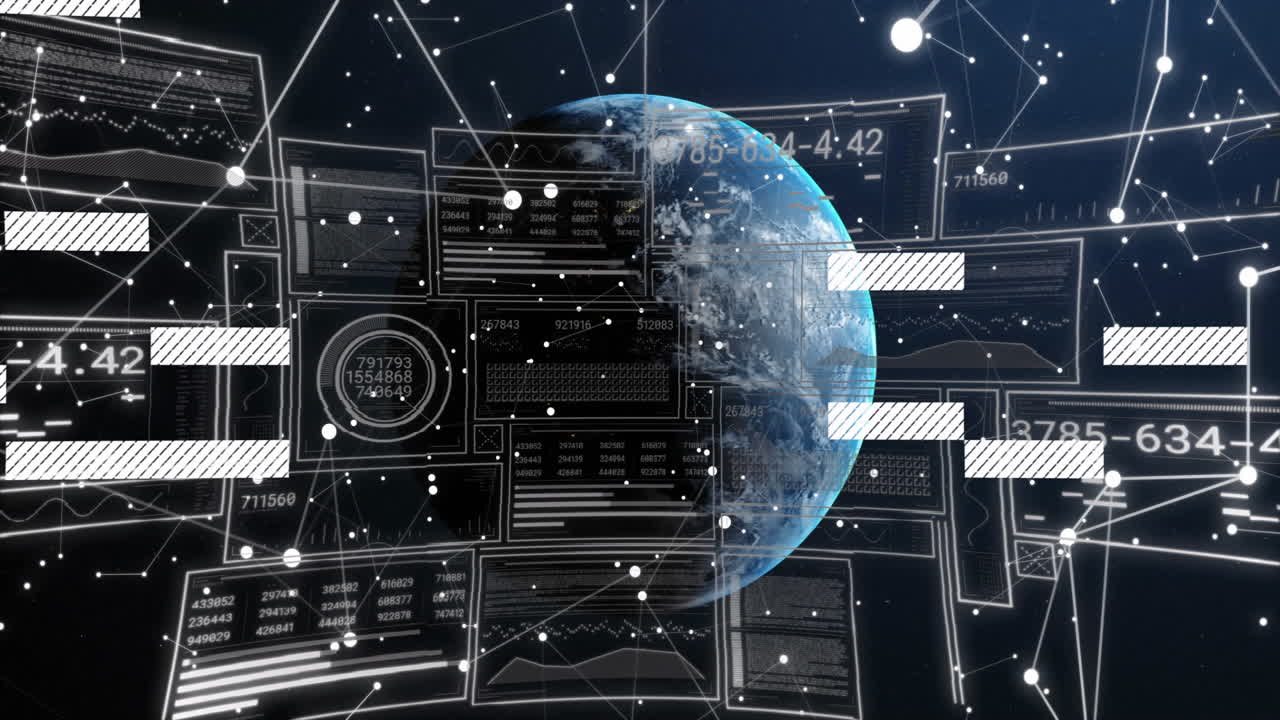 Earth surrounded by digital data and network connections in futuristic animation