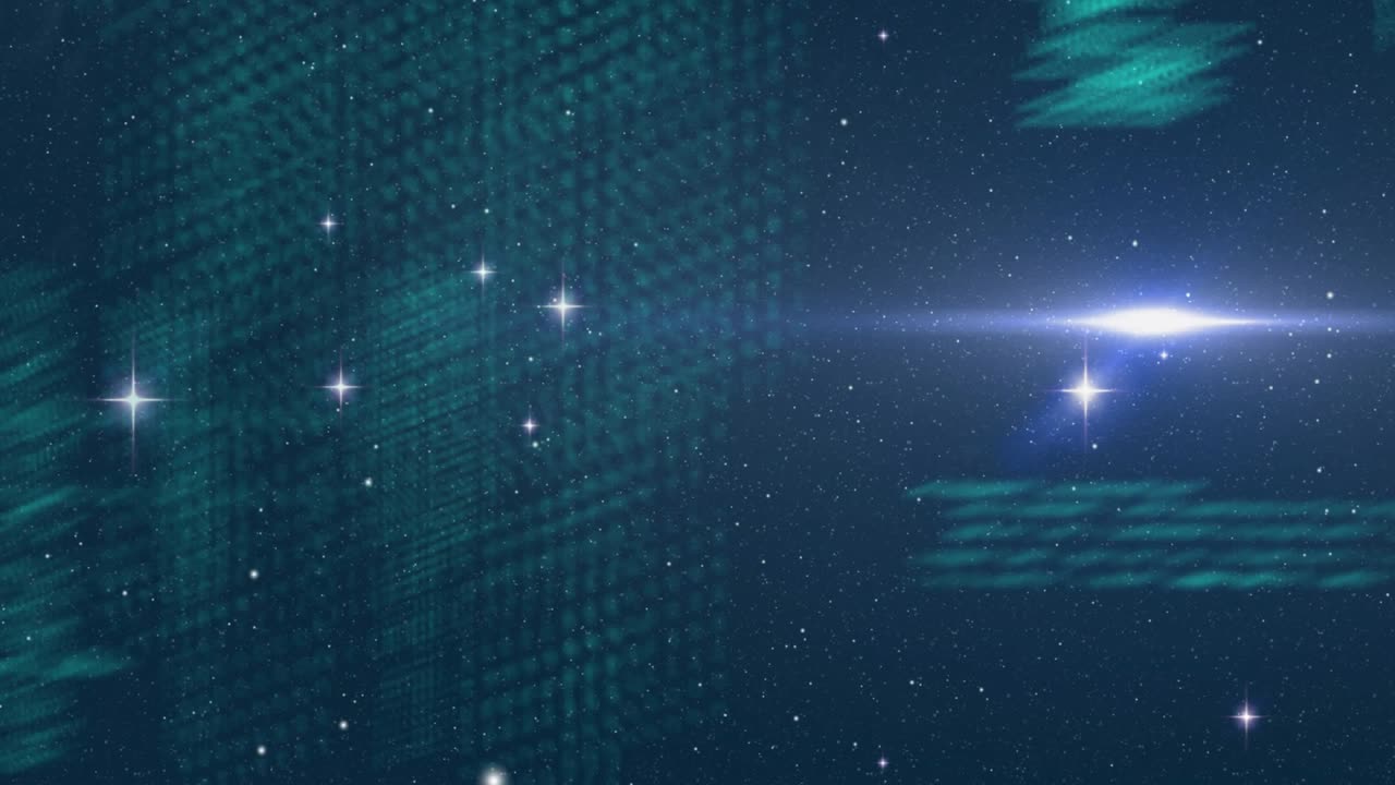 Digital cosmic scene being animated with bright lens-flare star, teal grid motifs, twinkling stars