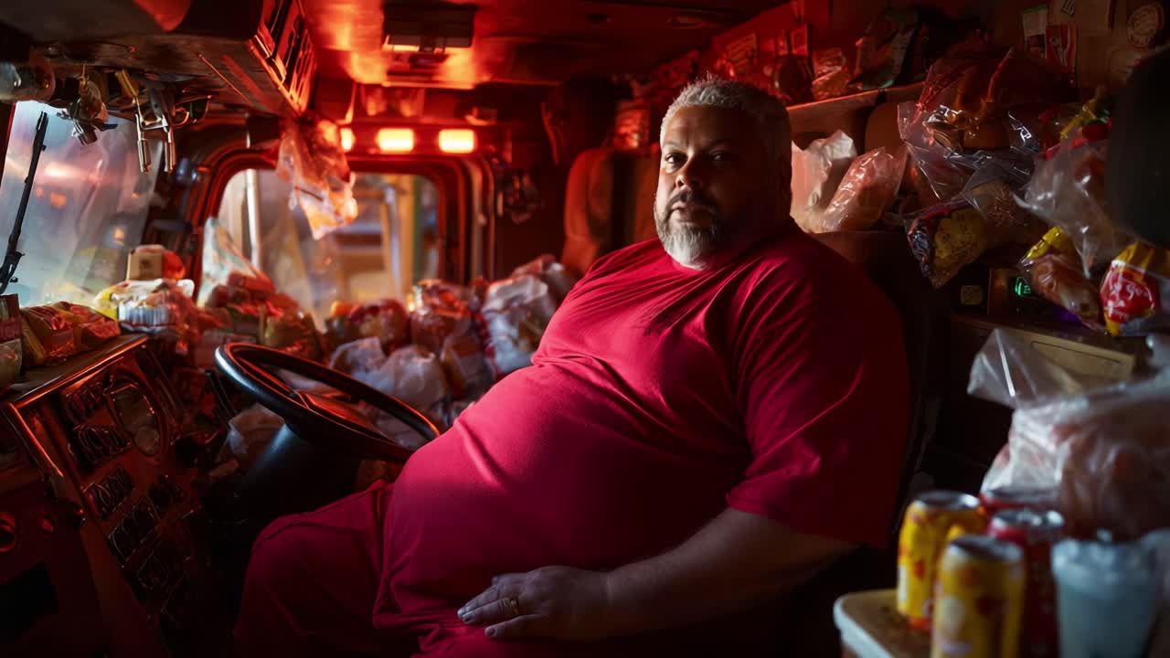 A contemplative moment captured inside a food truck, where the driver in a red outfit reflects amidst piles of groceries and colorful snacks, illuminated by the warm glow of interior lights