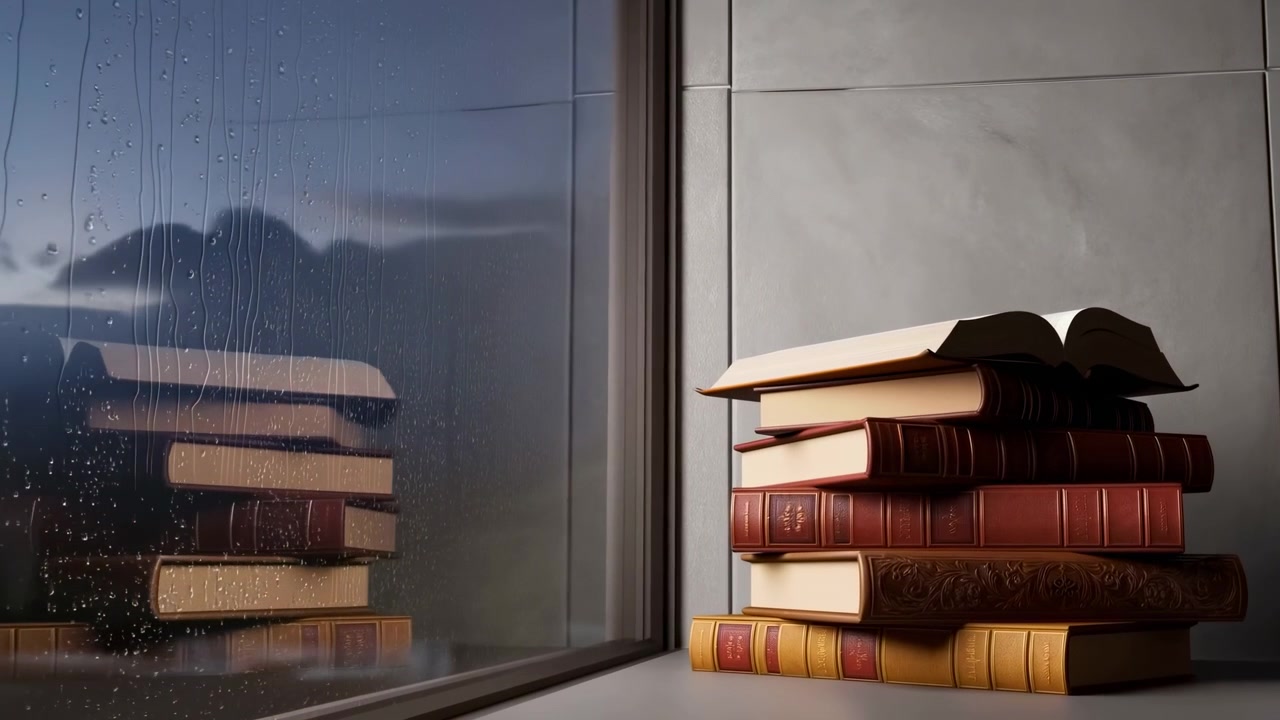 Stacked hardcover books on interior windowsill beside rain-speckled glass, with soft reflection distortion, warm moody light, and open top volume creating quiet study atmosphere