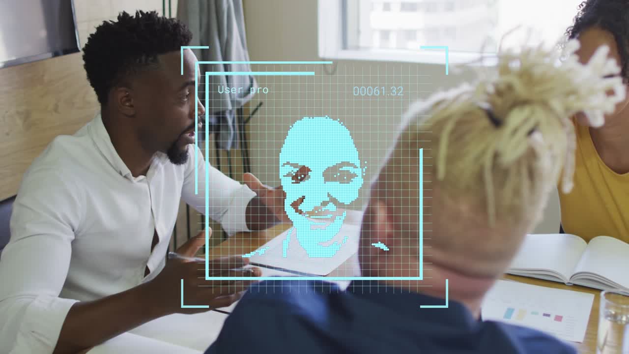 Animation of people icons over diverse business people talking