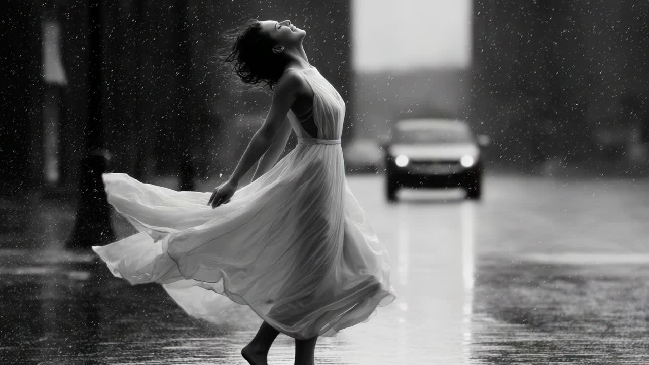 A woman dances joyfully in the rain, embodying freedom and grace in a captivating moment of pure emotion, set against a blurred city background with a hint of melancholy