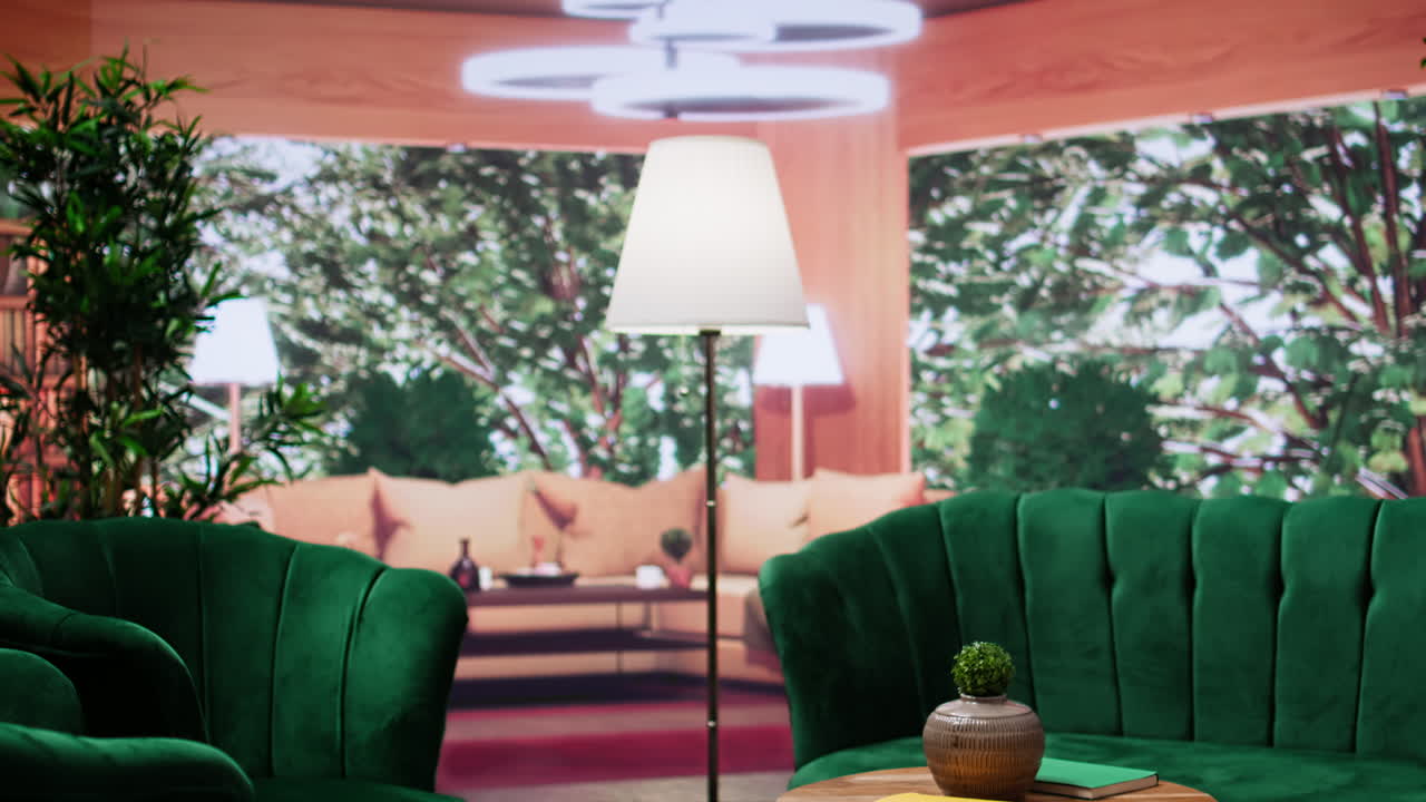 habitación vacía acogedora con muebles elegantes y luz natural con ventanas panorámicas