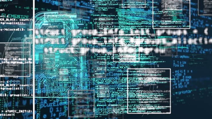 Animation af computersprog, firkanter over printplademønster i hængelås på abstrakt baggrund