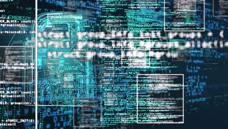animazione del linguaggio del computer, quadrati su schema di scheda di circuito in lucchetto su sfondo astratto.