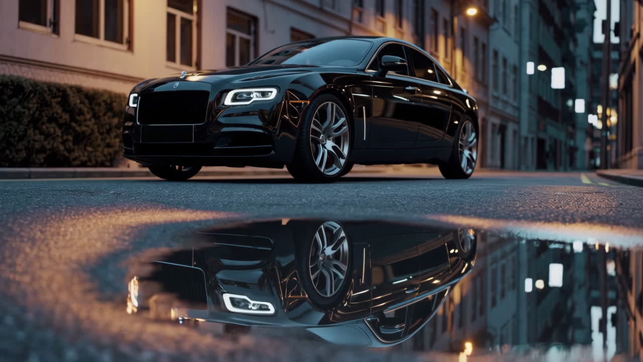 Black Luxury Car Reflection in Puddle at Night