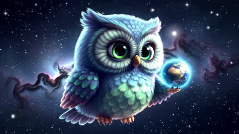 a charming cosmic owl with enchanting eyes clutching a miniature planet, set against a dazzling starry background, capturing the wonders of the universe