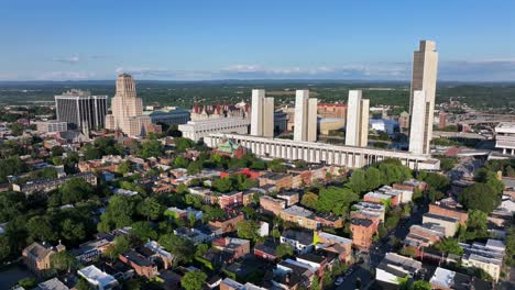 albany, new york in summer. aerial wide shot. housing area with townhouses and row homes. downtown with alfred e. smith state office building and empire state plaza