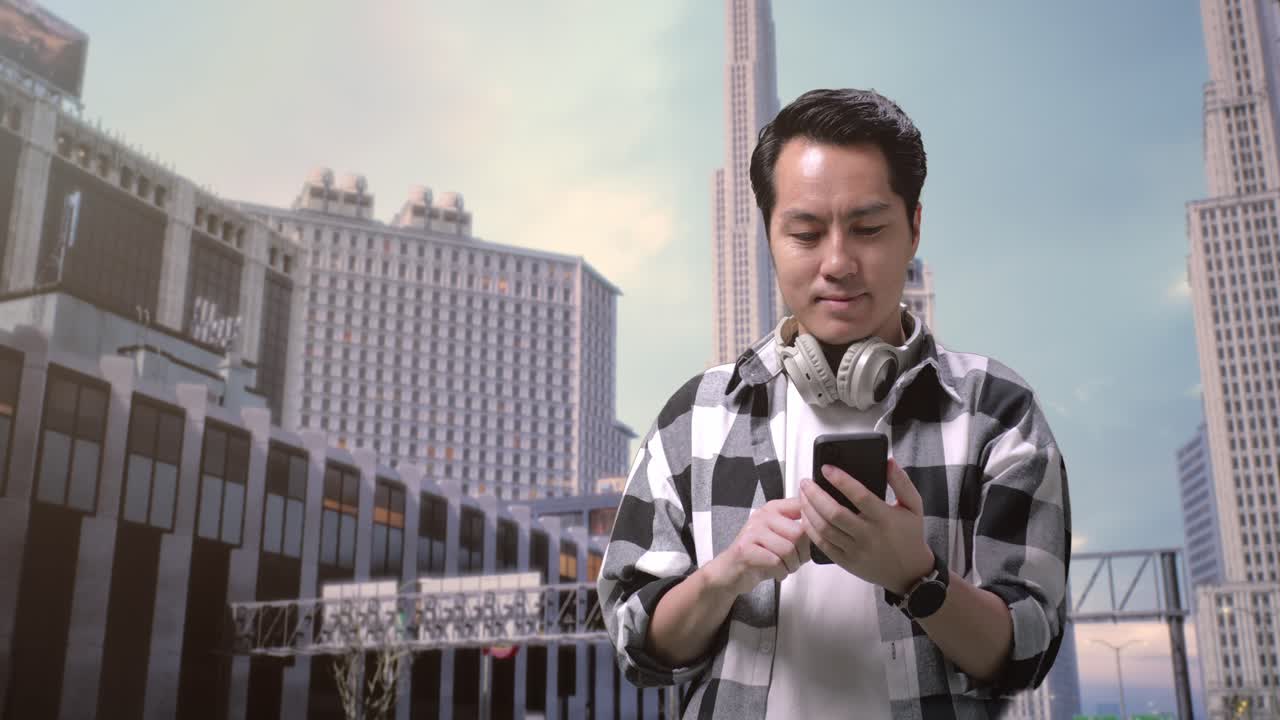 아시아인 프리랜서가 도시에서 일하는 건물 앞에 서서 스마트폰을 사용하고 있습니다.