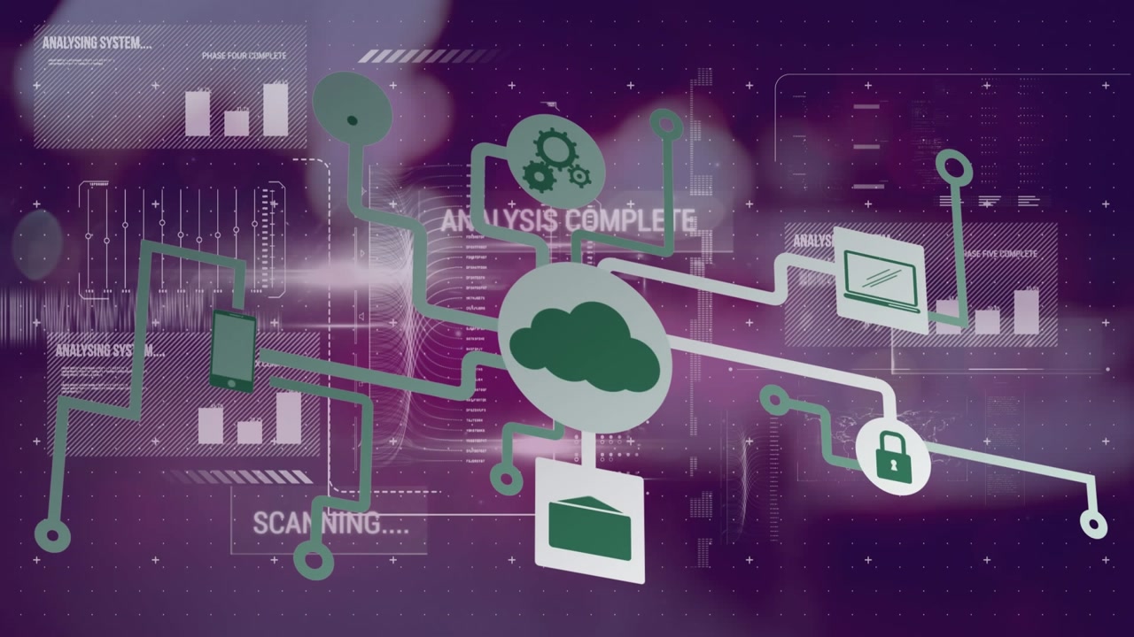 Animation of network of digital icons over interface with data processing against night city traffic