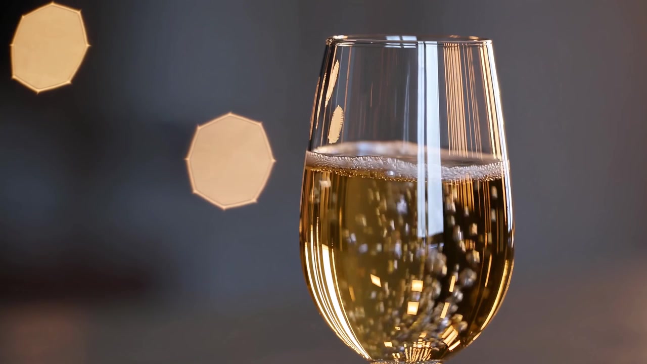 Champagne dorato con bollicine in ascesa e sfondo bokeh