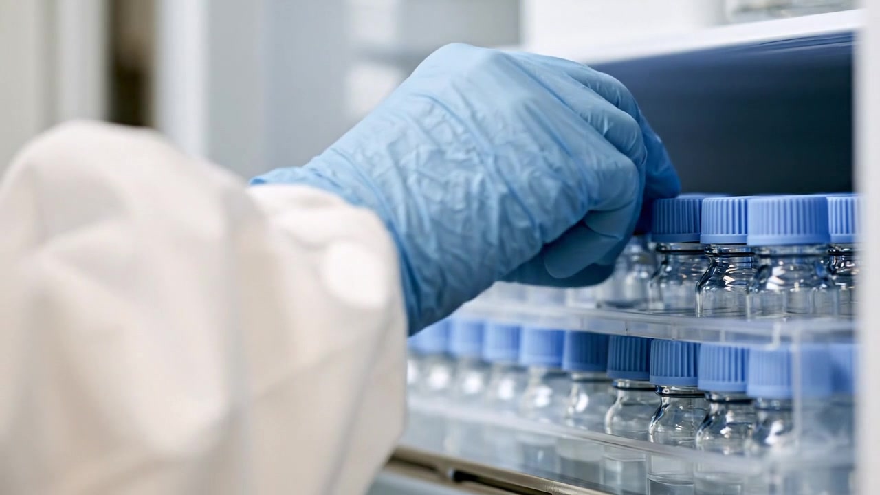 Gloved laboratory hand holding a clear sample tube near storage shelves