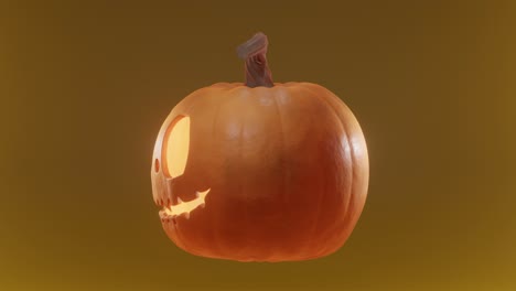 halloween pumpkin with carved and illuminated face rotating in an infinite loop on a orange and blurry background, 3d render