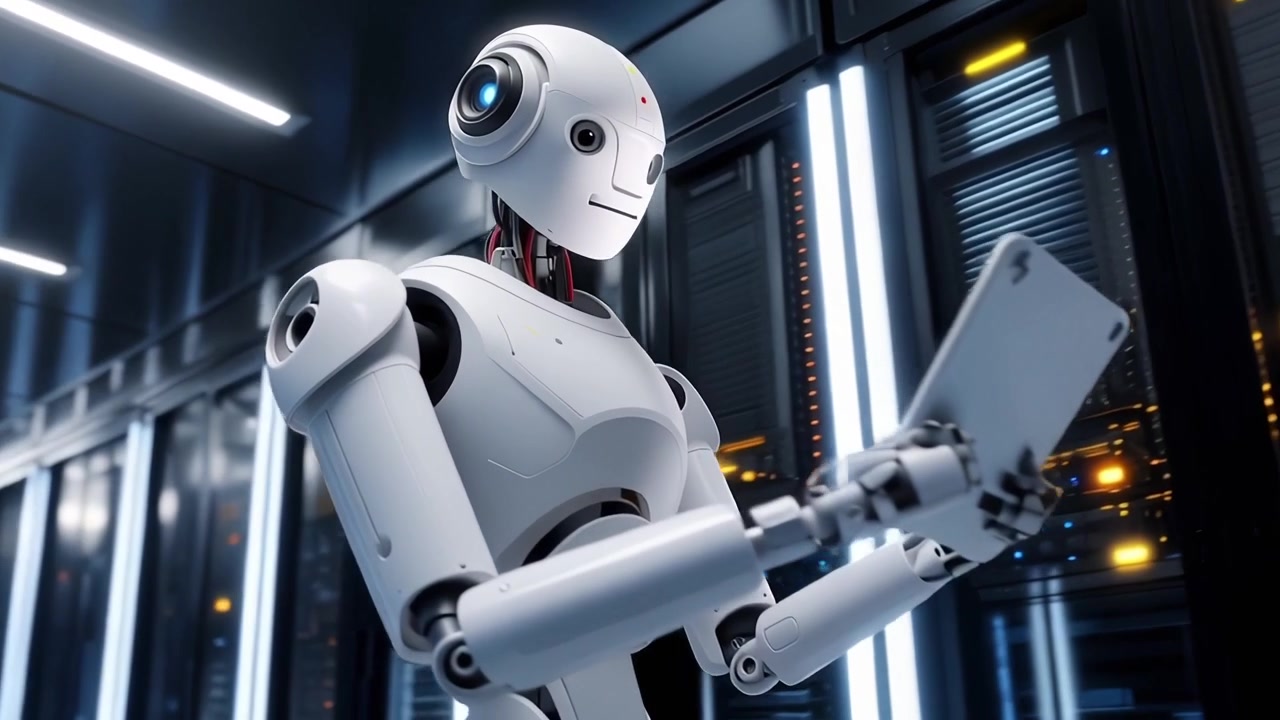 Robot umanoide che monitora un data center con un tablet digitale