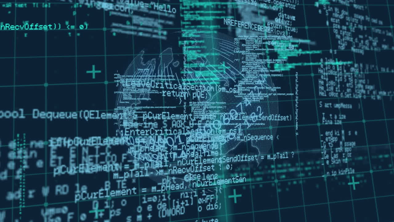 Digital animation of data processing over grid network against spinning globe on blue background