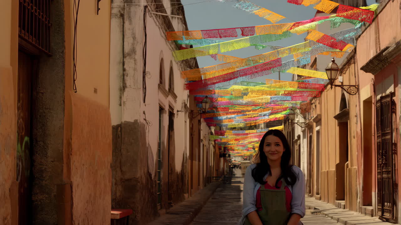 Donna che guarda in alto verso striscioni colorati di papel picado che decorano una strada stretta