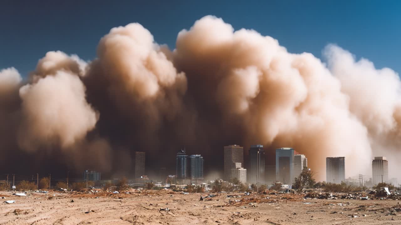 Una drammatica tempesta di sabbia inghiotte lo skyline di una città, mettendo in mostra la potenza della natura e il suo impatto sugli ambienti urbani tra nuvole marrone scuro e aria polverosa.