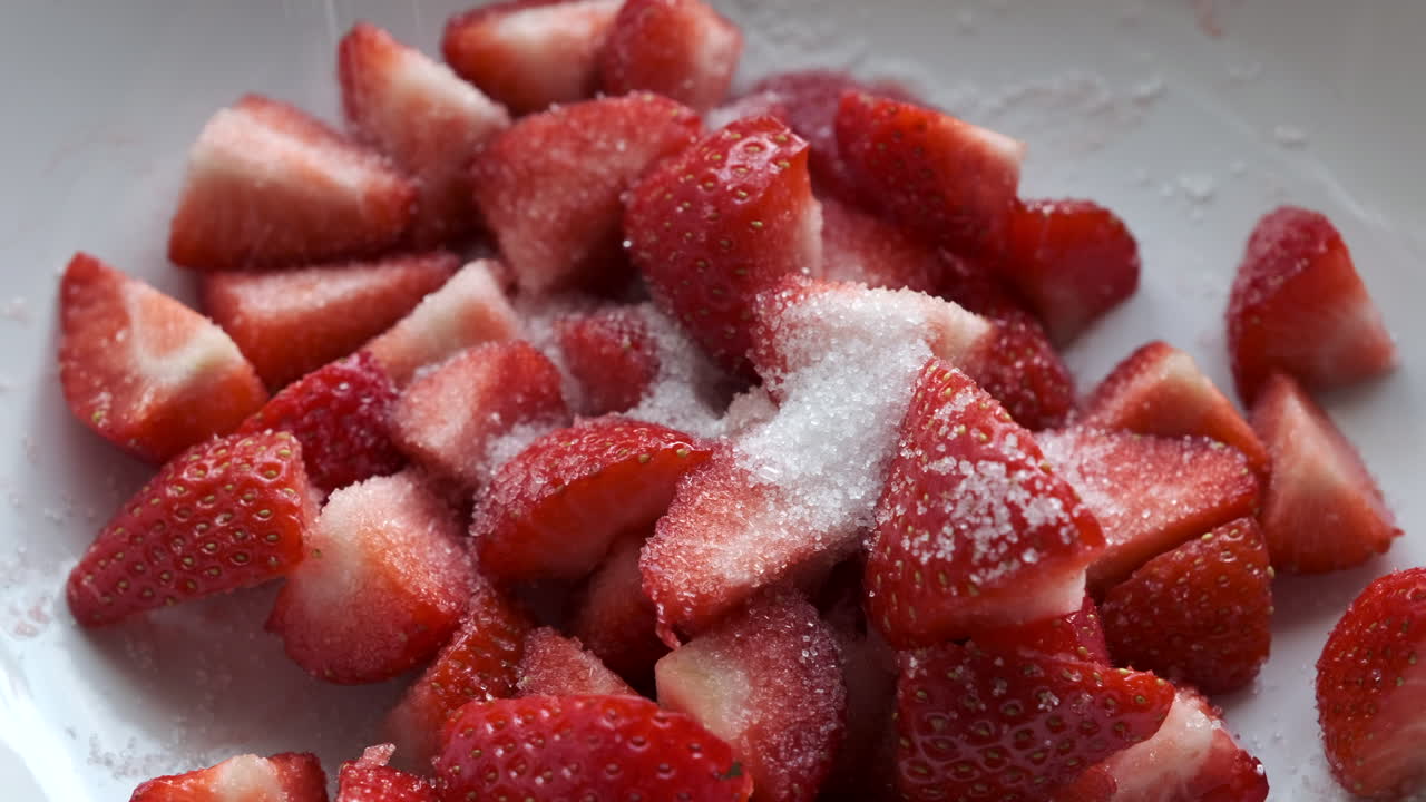 fresas rojas frescas y maduras que se lavan y se rocían con azúcar en un ambiente de cocina