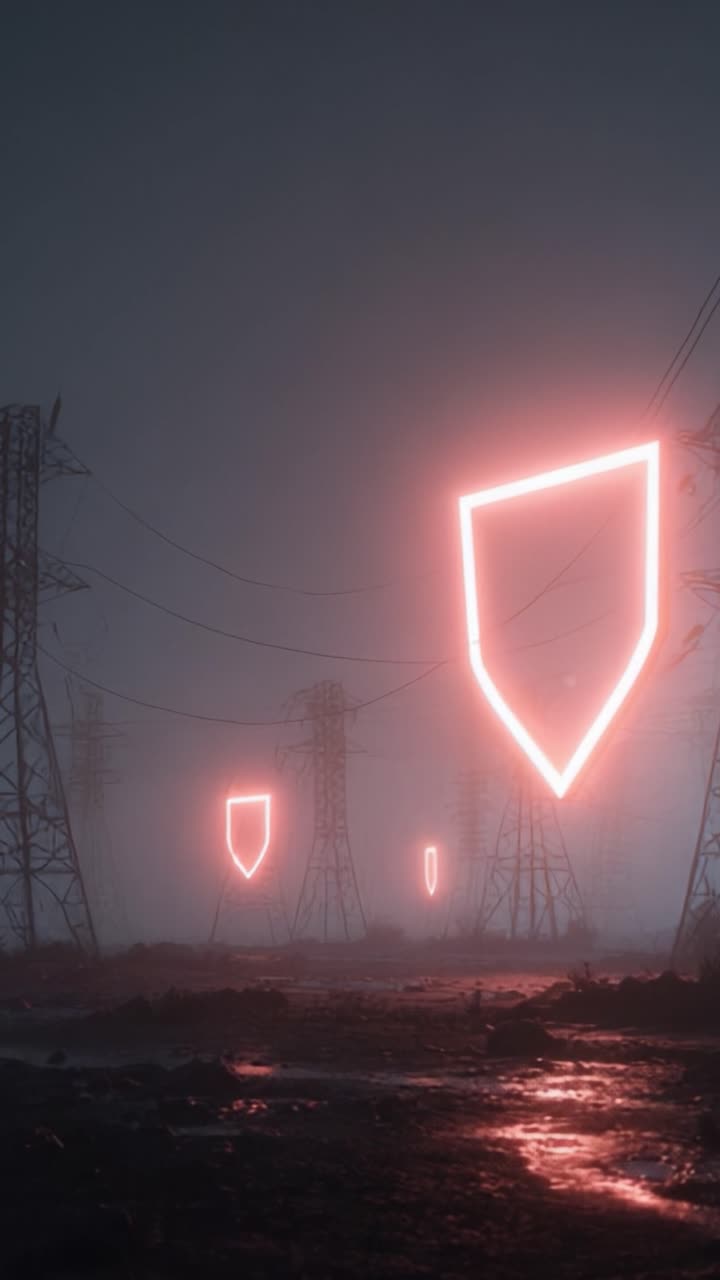 Eerie Industrial Landscape with Glowing Shields: A Dystopian Vision of Power Lines and Digital Artistry Captured in Mysterious Foggy Atmosphere