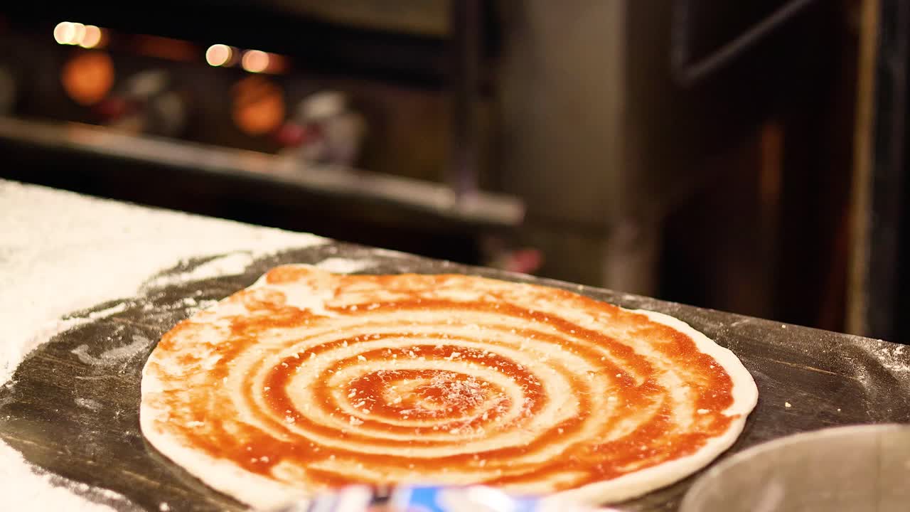 Grattugiare il formaggio sulla pizza con salsa di pomodoro