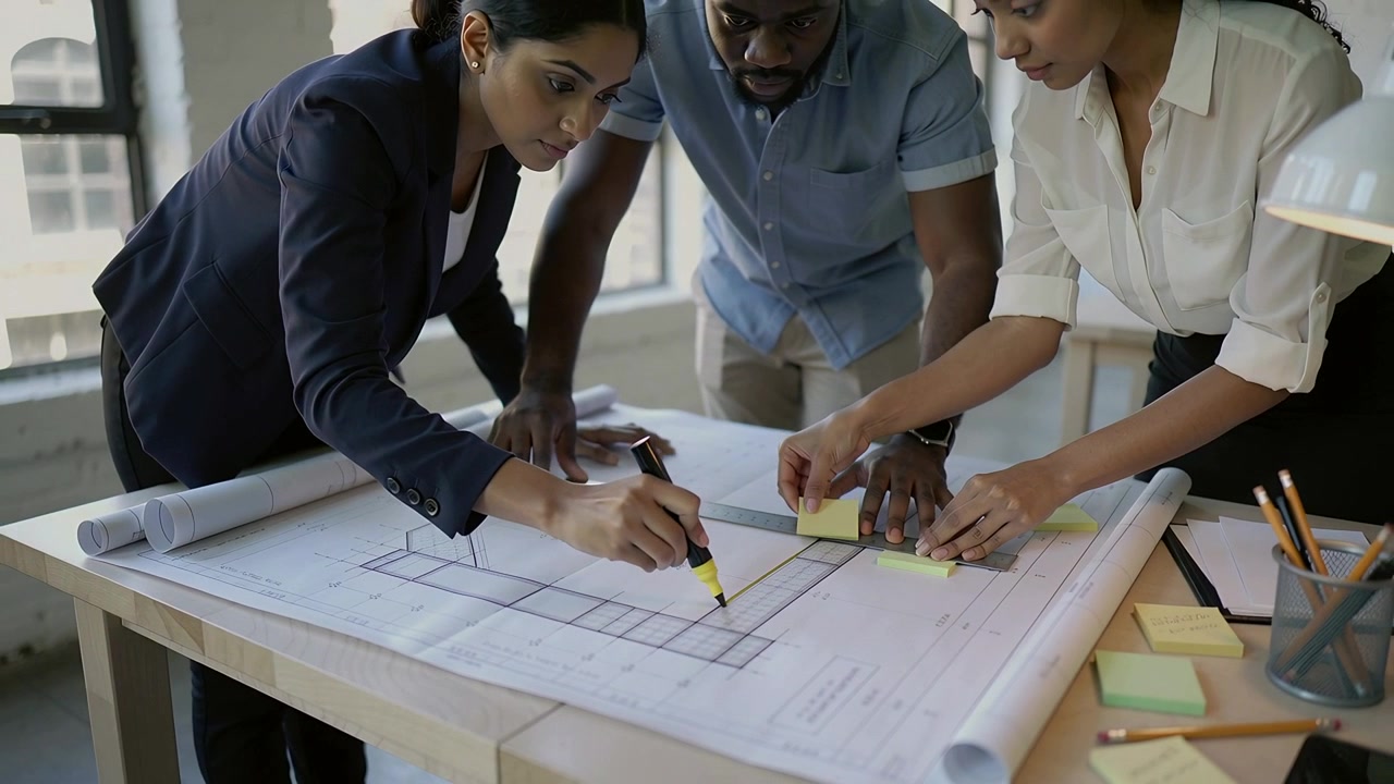 Leaning in, design team in workwear marking plan grid at table, placing sticky notes marking points