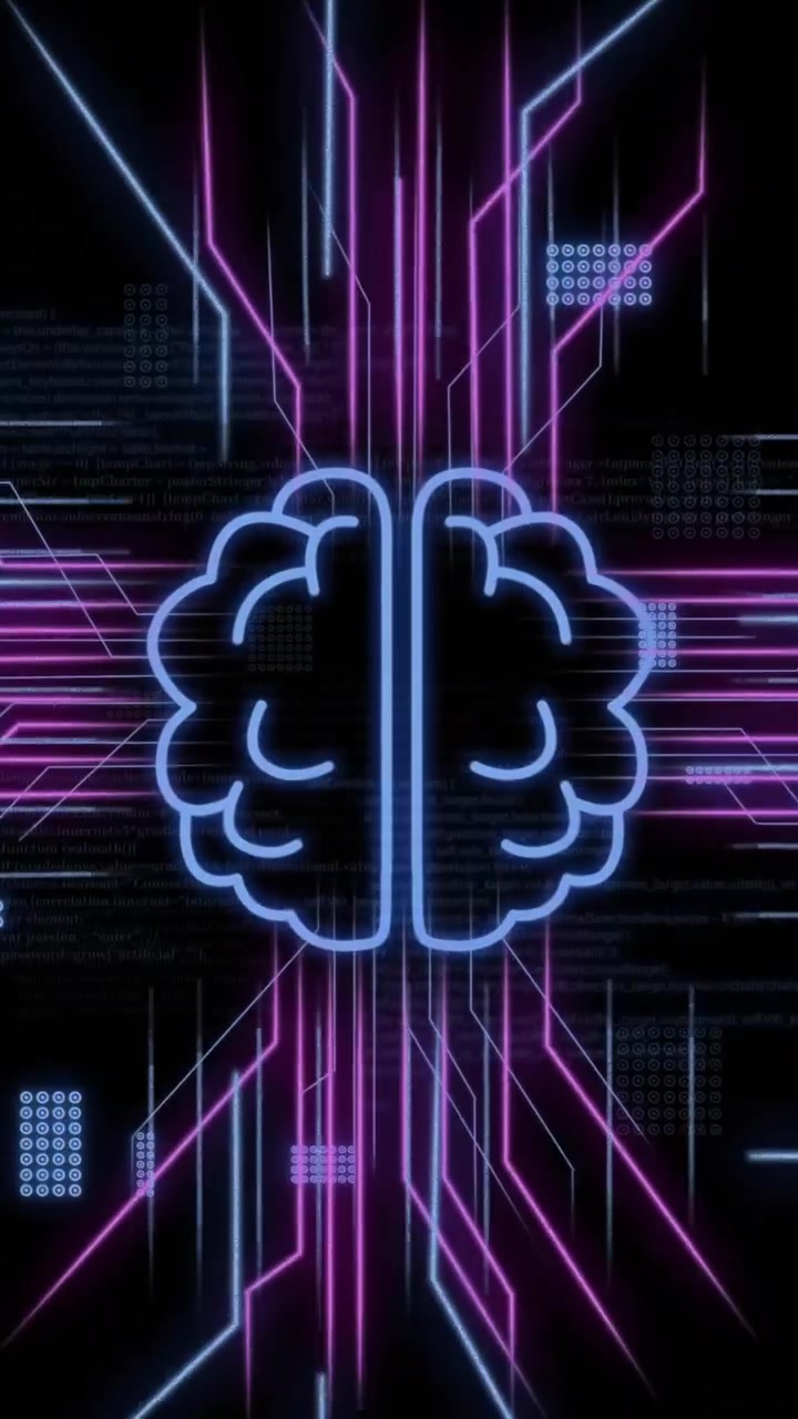 Animation of ai brain, circuit board with data processing over black background