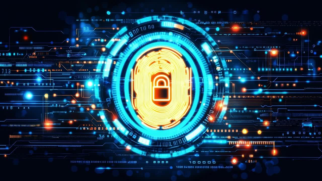 Digital security design. A colorful digital abstract representation of cybersecurity, featuring a padlock symbol and bright data streams.