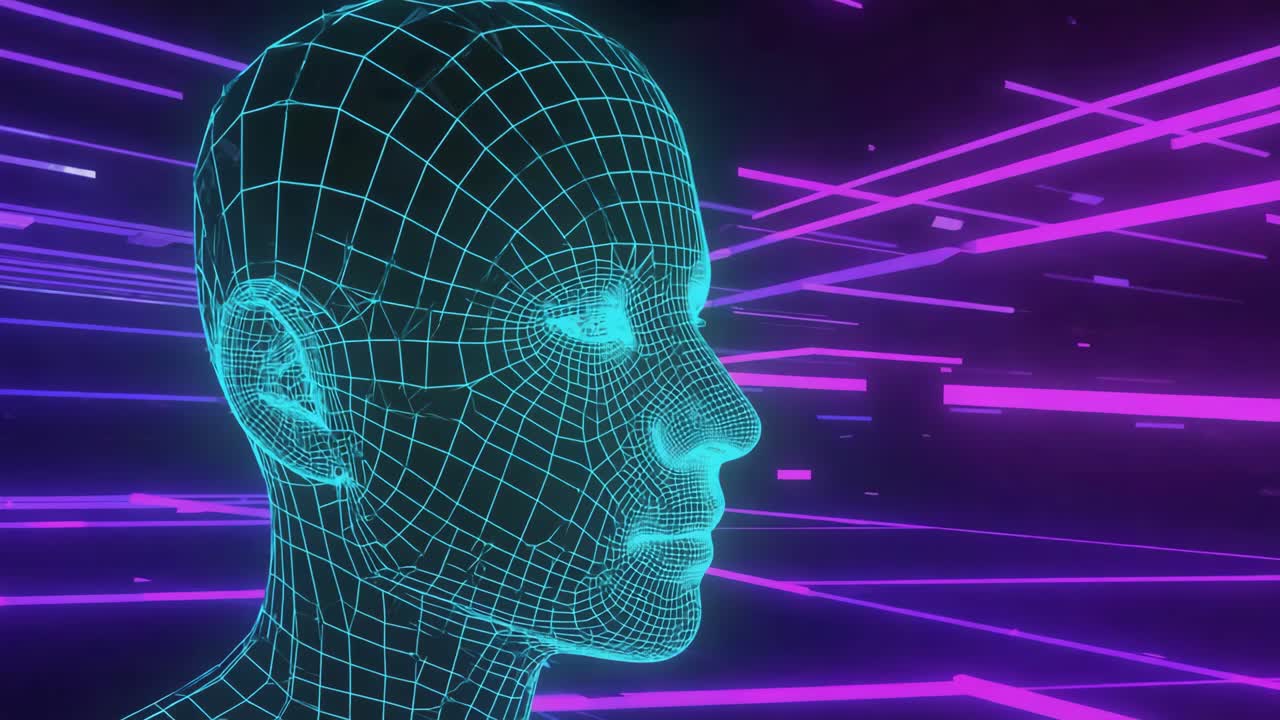 Futuristic 3D Wireframe Head with Neon Synthwave Background