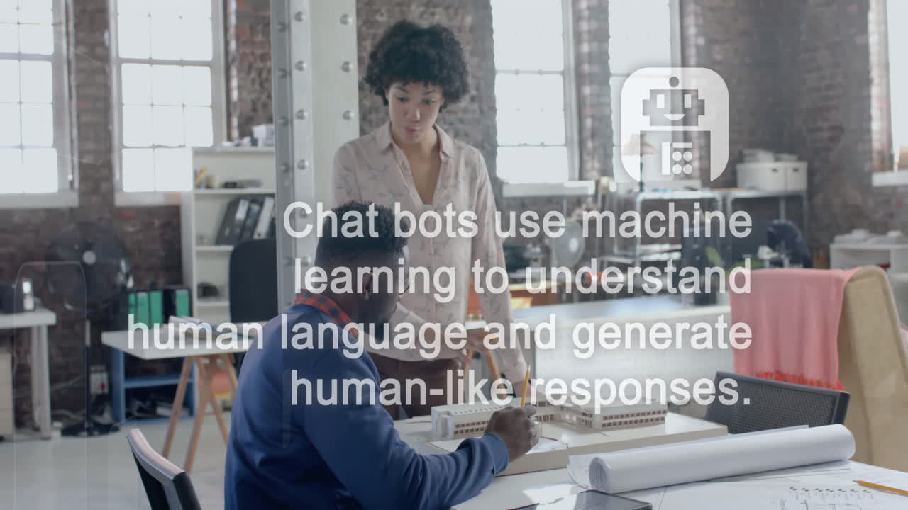 Animation of ai data processing and icons over diverse colleagues discussing work in office
