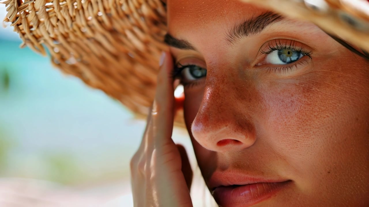 Close-up Portrait of a Young Woman with Blue Eyes and a Straw Hat