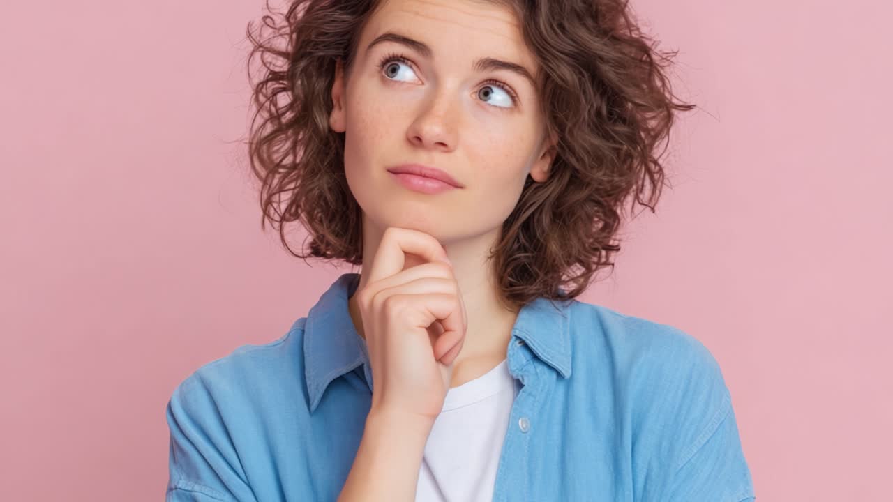 Una Giovane Donna Pensierosa Che Riflette con un'Espressione Curiosa su uno Sfondo Rosa Tenue, Catturando l'Essenza della Contemplazione e della Riflessione