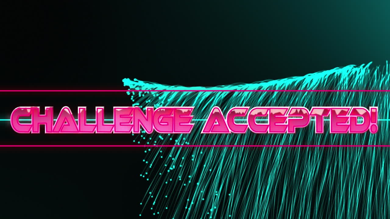 네온 선과 빛의 흔적 배경 위에 도전 받아들여진 텍스트의 애니메이션