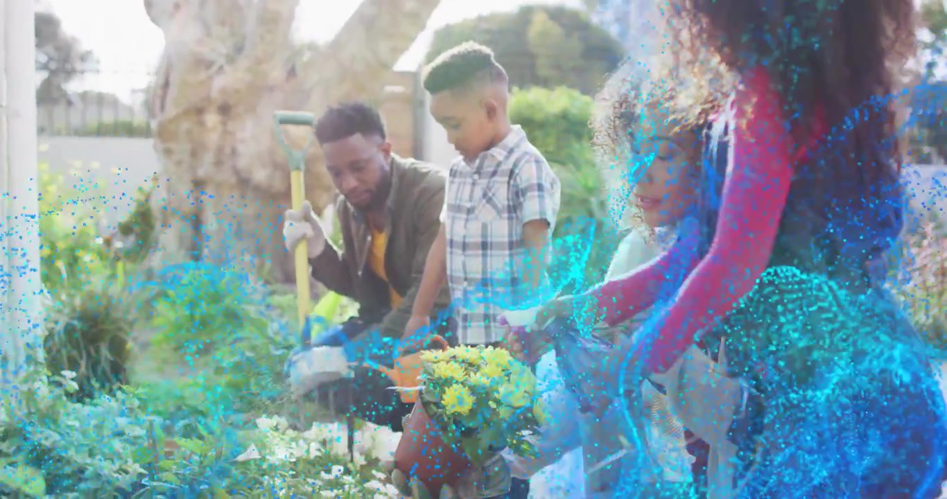 Dissolving overlay revealing family gardening planting flowers using shovel and watering can