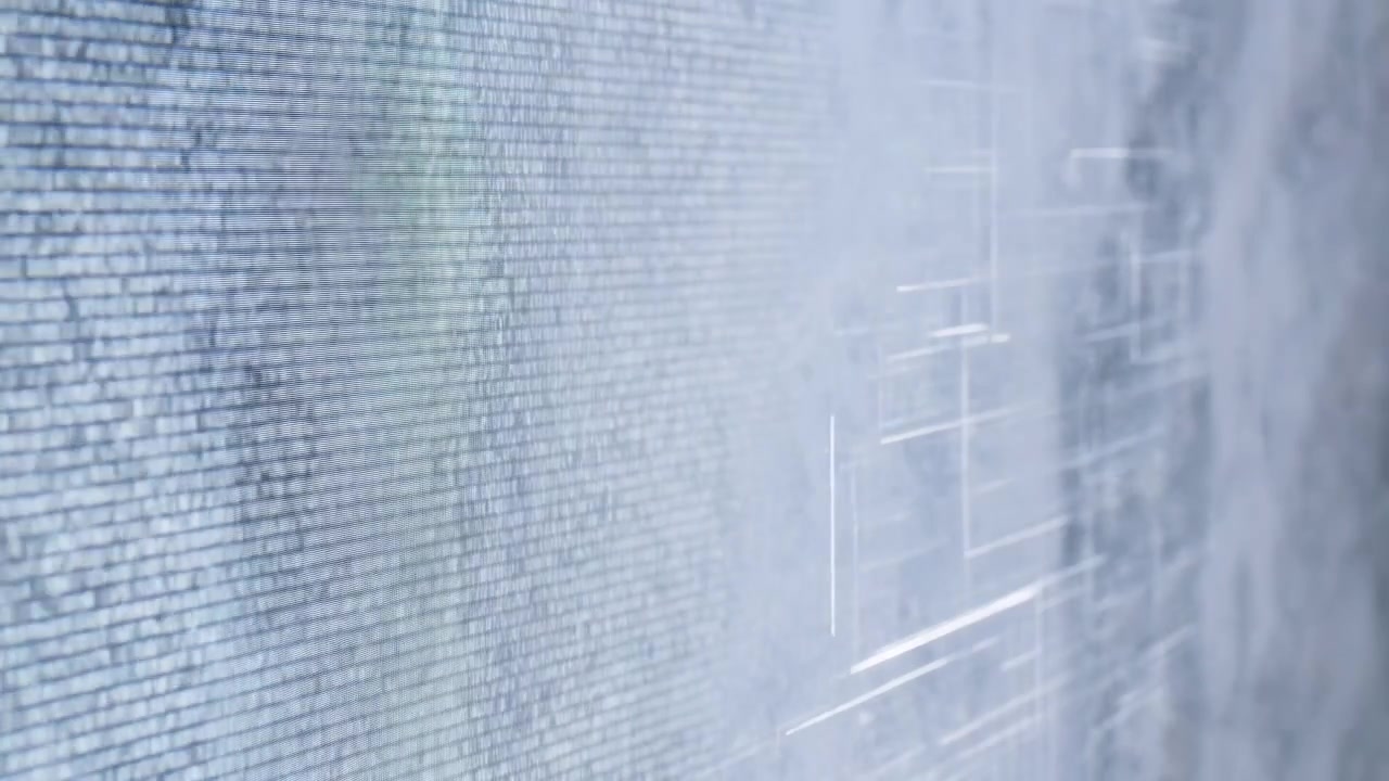 Soft blue and white abstract scene featuring a tiled digital grid on the left, a bright central glow, and fine horizontal streaks fading across a clean