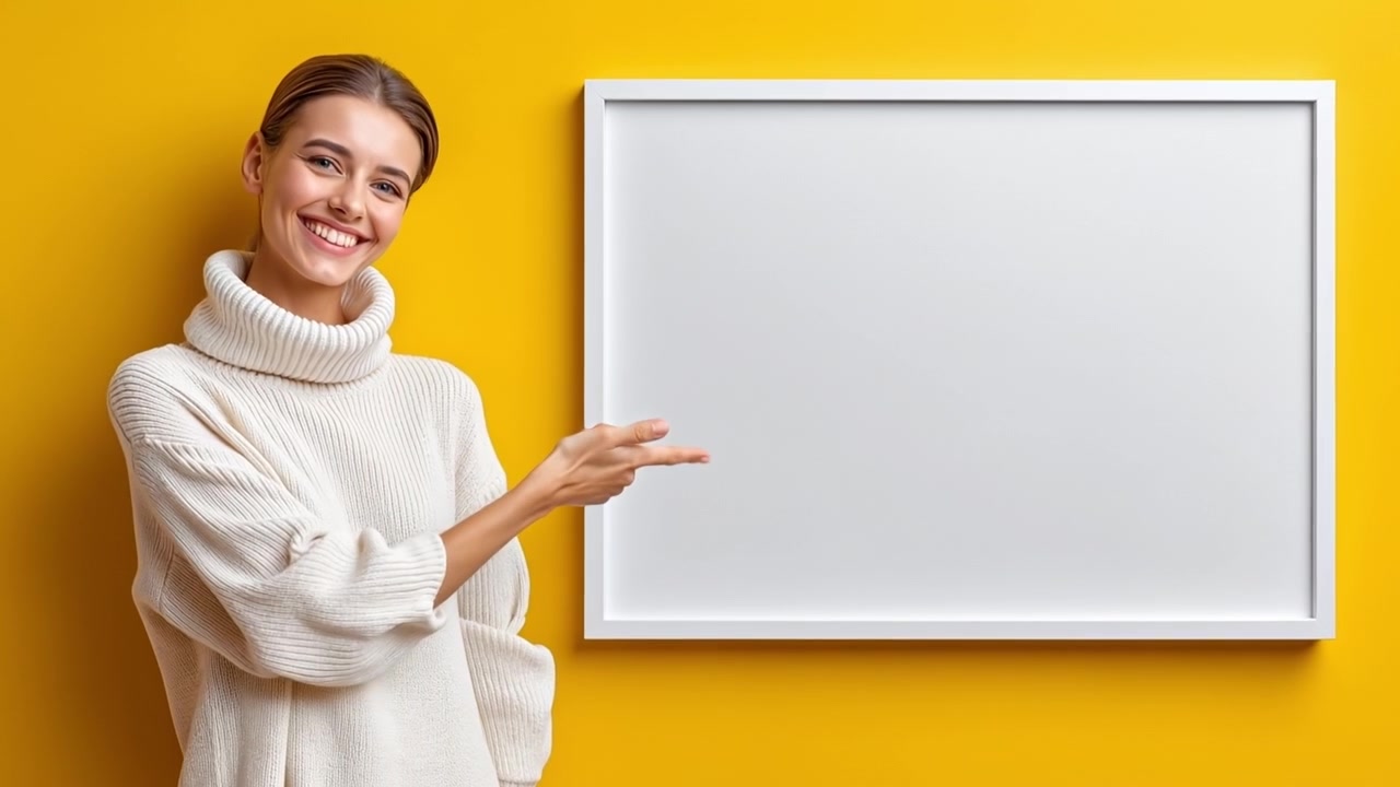 Smiling young woman with crossed arms presenting a large blank picture frame on a yellow wall