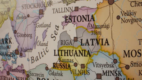 close-up view of a map featuring the baltic region