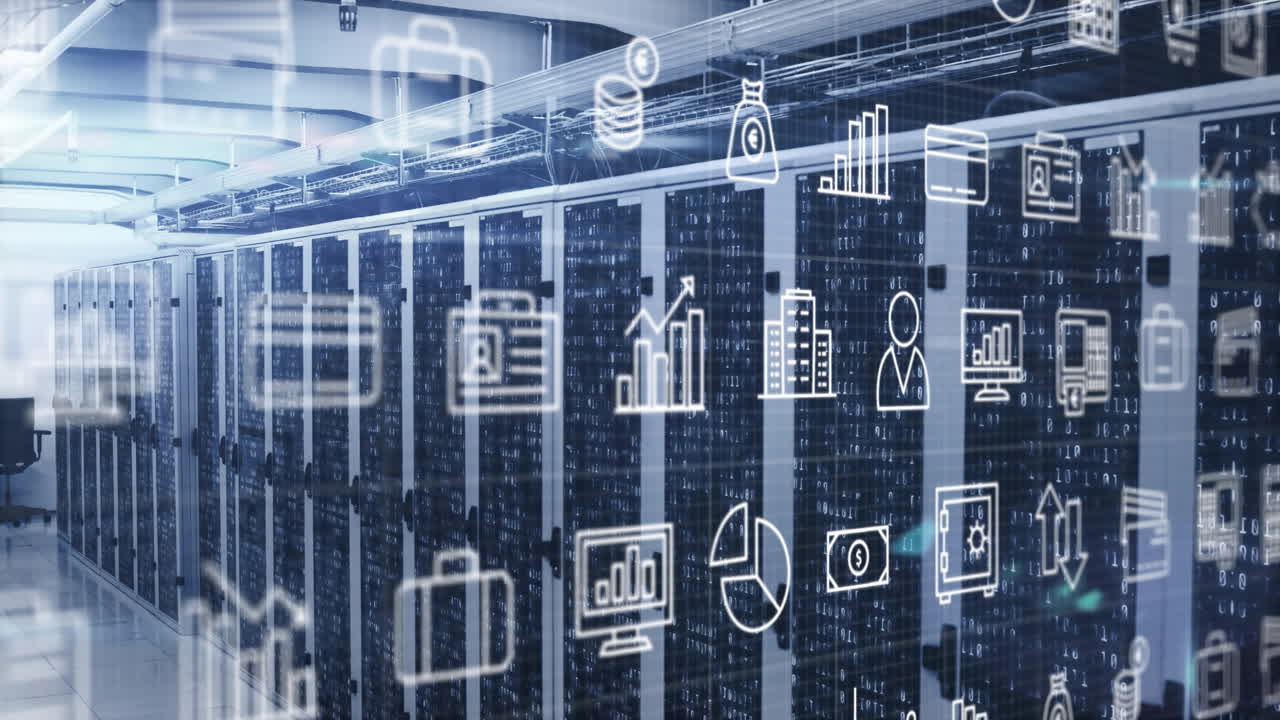 Animation of digital icons and data processing over computer servers