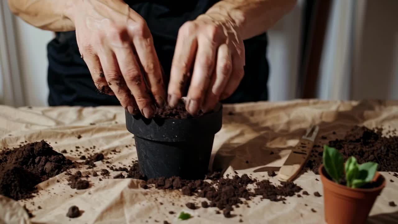 Video ravvicinato di mani che invasano una pianta, che cattura la texture terrosa e il giardinaggio mirato