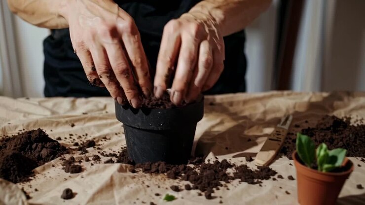 Video ravvicinato di mani che invasano una pianta, che cattura la texture terrosa e il giardinaggio mirato