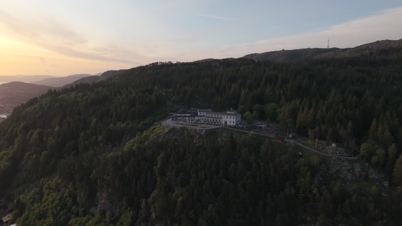 Scenic Sunset View Over Mount Floyen With Floirestauranten In Bergen, Norway. Aerial Shot