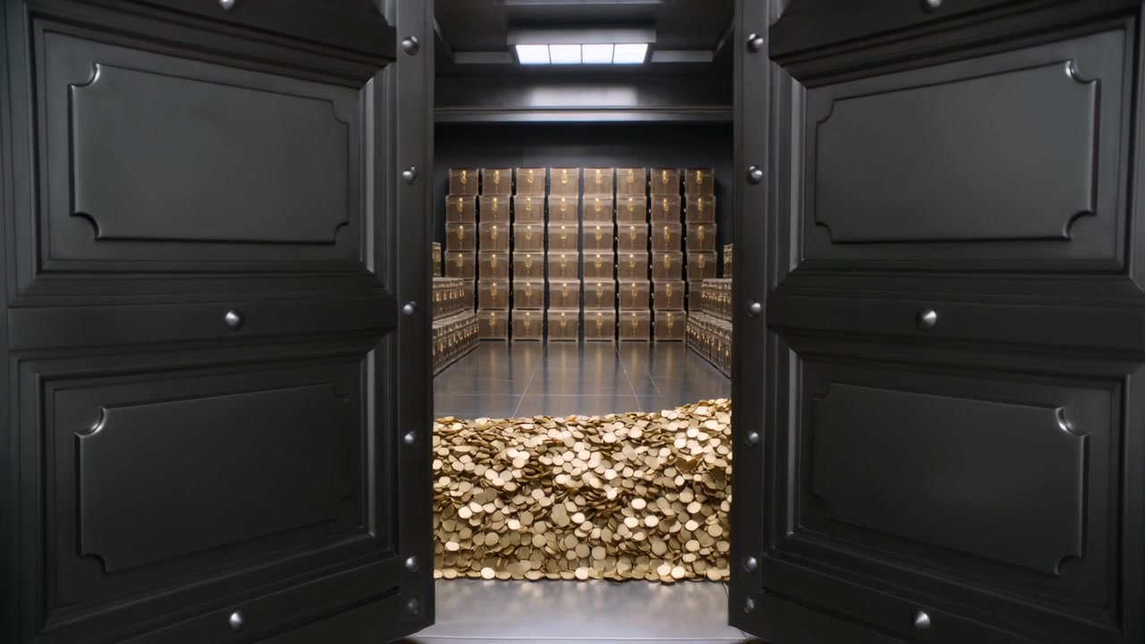 Opening double doors swinging into vault chamber, exposing pile of gold coins and stacked trunks