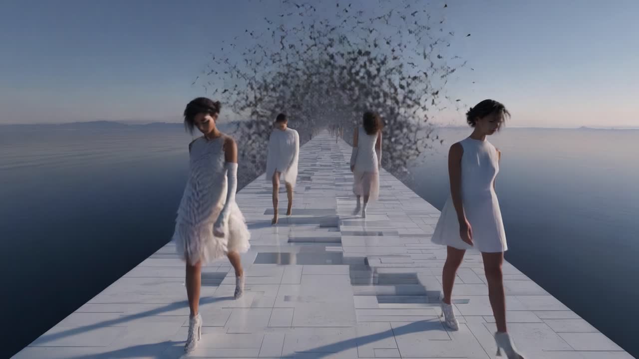 A surreal exploration of ethereal figures walking along a reflective pathway, enveloped by a mesmerizing storm of particles, blurring the line between reality and imagination