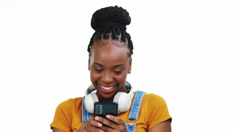 Black-woman,-studio-and-texting-with-phone